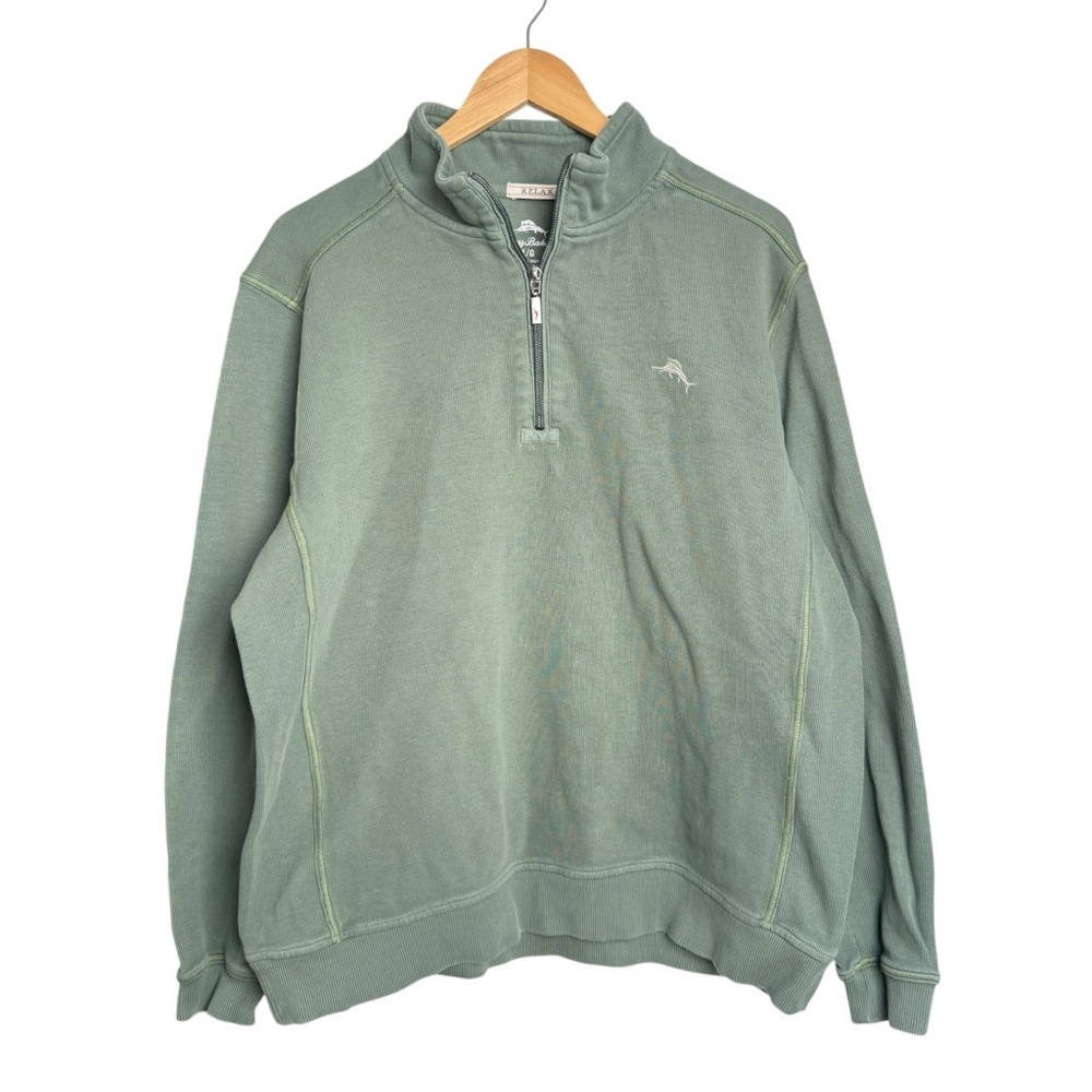 Tommy Bahama RELAX Men's Quarter Zip Sweatshirt Large Green Cotton Pullover Logo
